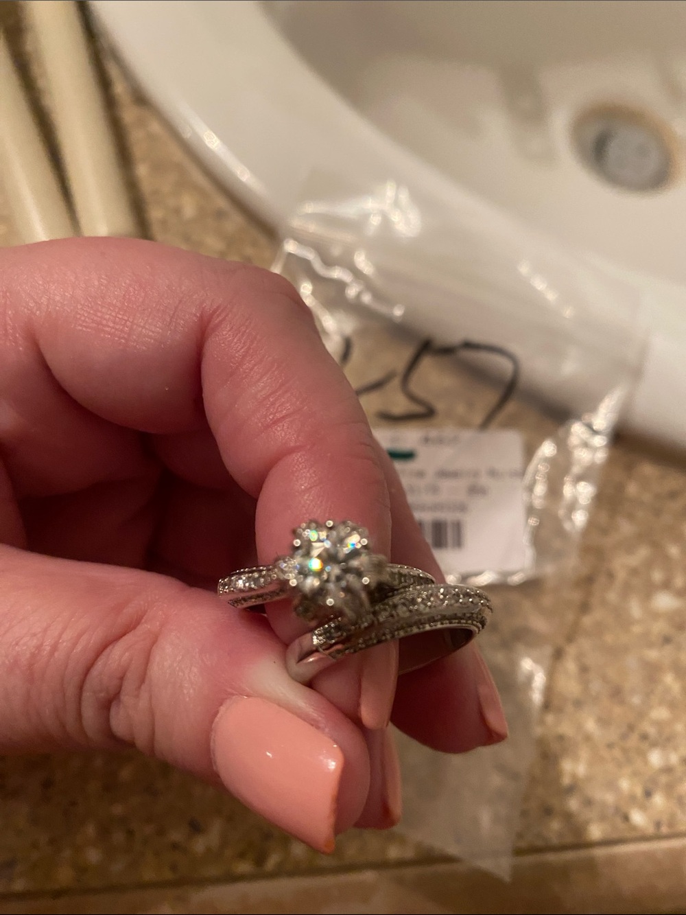 Silver-Tone Crystal Floral Halo Engagement Ring Set - Silver tarnish free